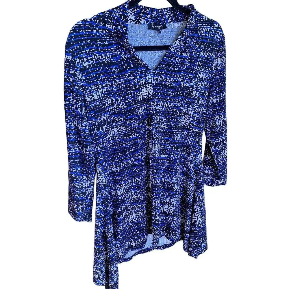 Lily Morgan Womens V Neck Shirt Black Blue White 3/4 Sleeve Drop Cut Size Small